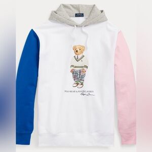 Polo Ralph Lauren Color Block Fleece Hoodie White/Pink/Blue Polo Bear size L